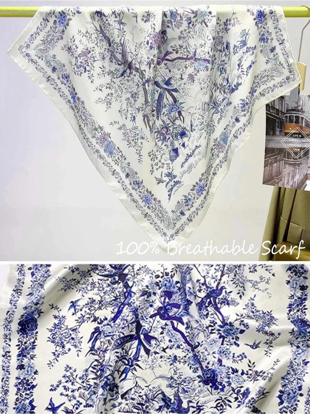 Blue Lightweight Satin Floral Neck Scarf  Bandana